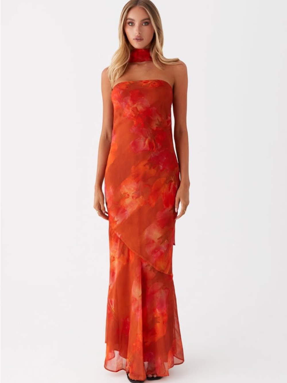 Peppermayo Under The Pagoda Orange-Red Floral Strapless Evening Gown